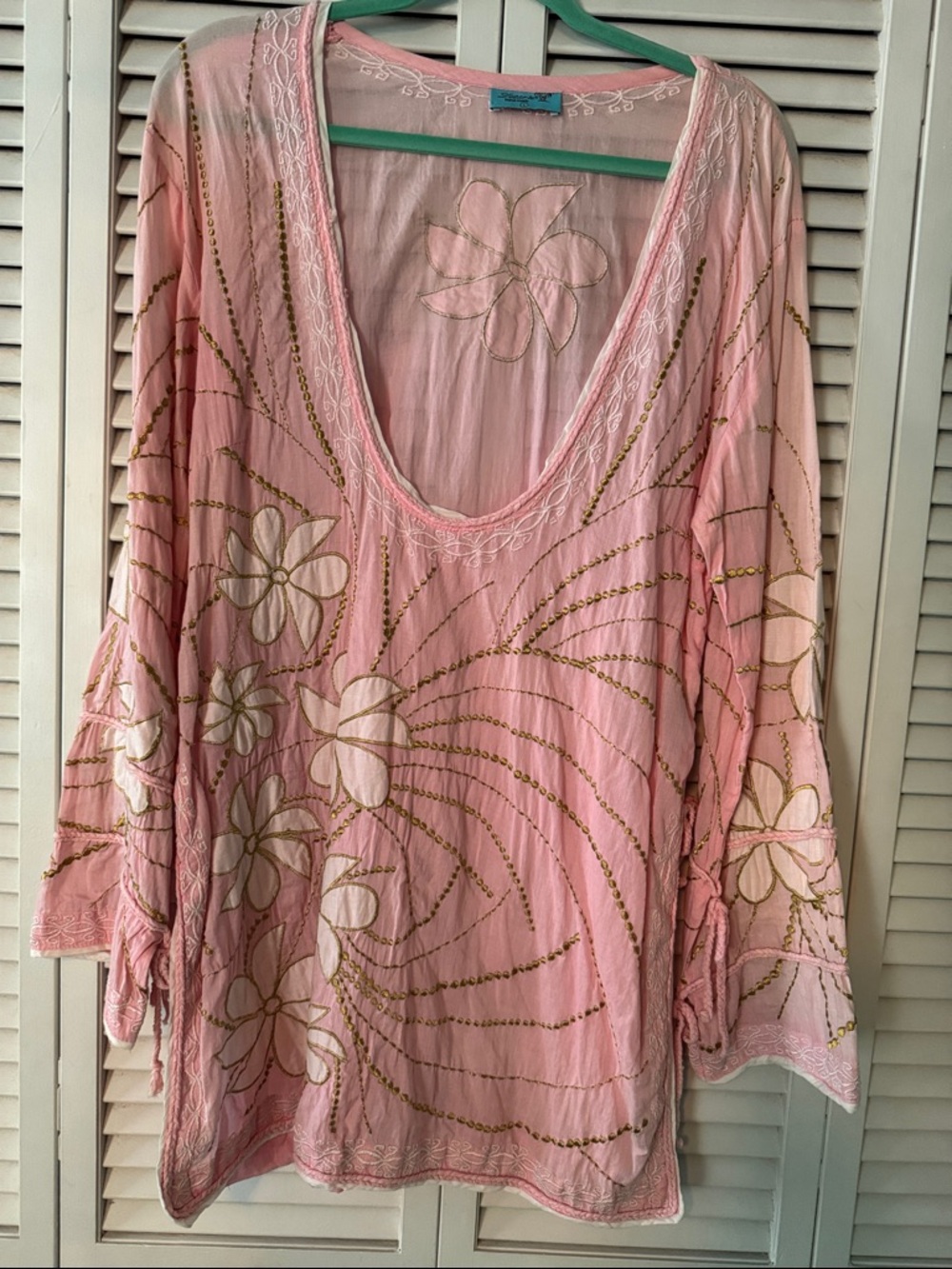 Letarte handmade Boho Floral Embroidered Pink Women's Tunic Top